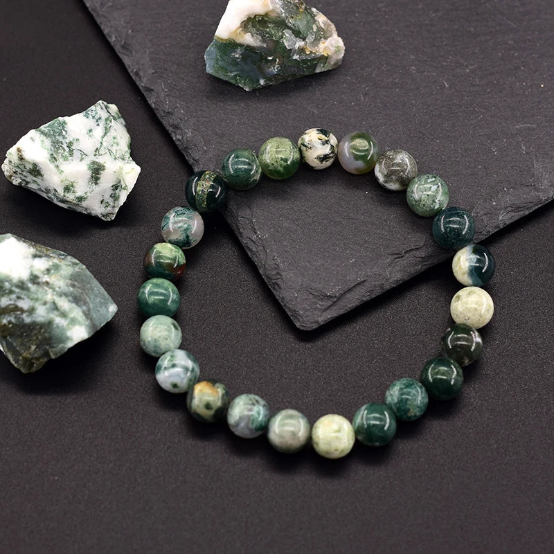 Genuine Tree Patterned Moss Agate Beads Bracelet – Natural Energy Healing Jewelry for Men & Women
