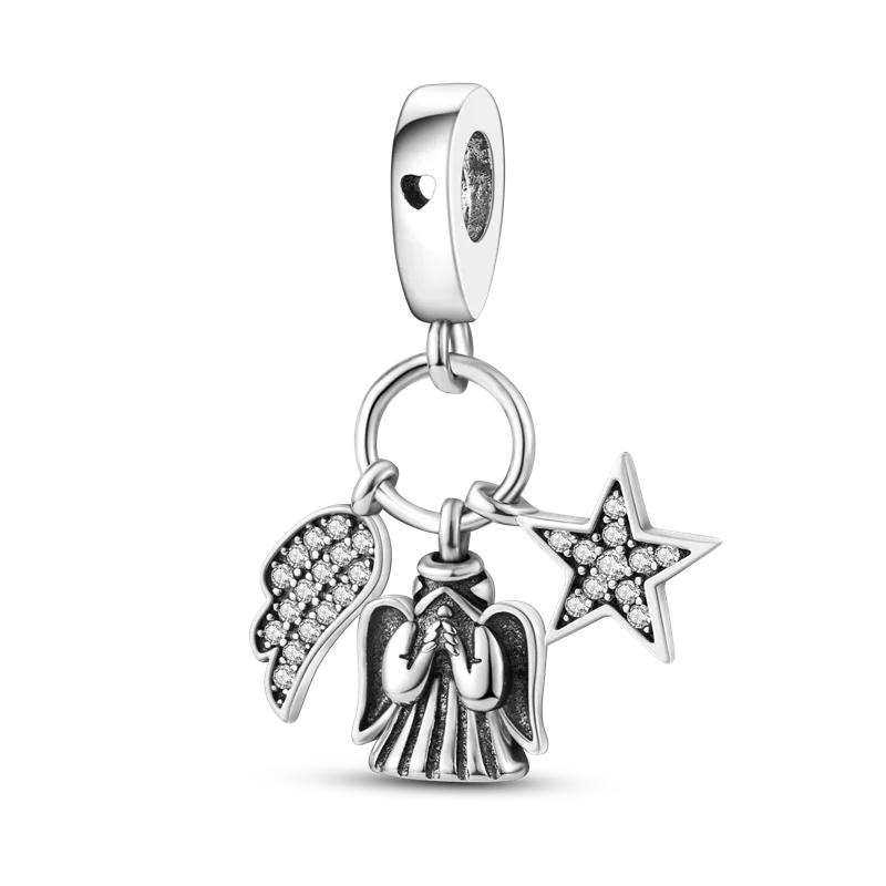 S925 Silver Angel Baby Charms | Heart Shape Wings Dangle Beads Fit Bracelet & Necklace