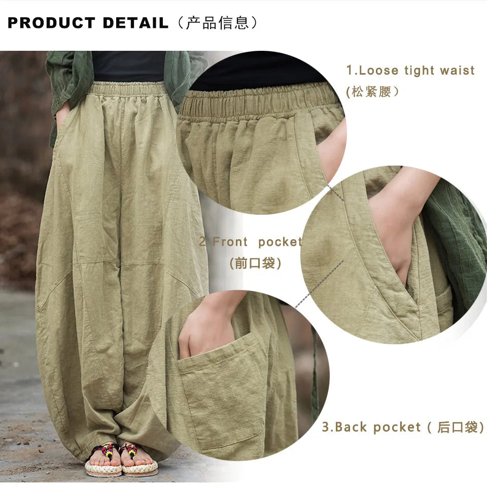 Elegant Women’s Cotton Linen Baggy Cargo Pants – Vintage Elastic Waist Wide-Leg Casual Trousers