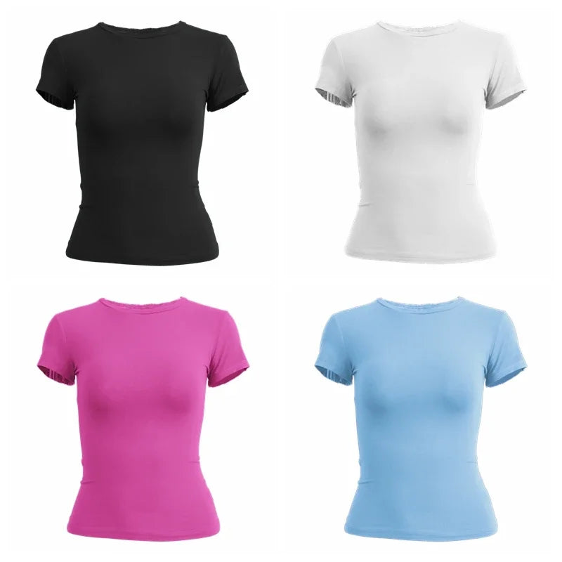 Women’s Slim Fit O-Neck Knitted T-Shirt – Y2K Streetwear Short Sleeve Sheath Tee 2024