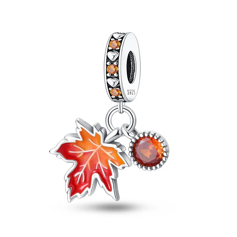 925 Sterling Silver Squirrel & Maple Leaf Charm | Shiny Zircon Autumn Beads Fit Pandora Bracelet DIY Jewelry