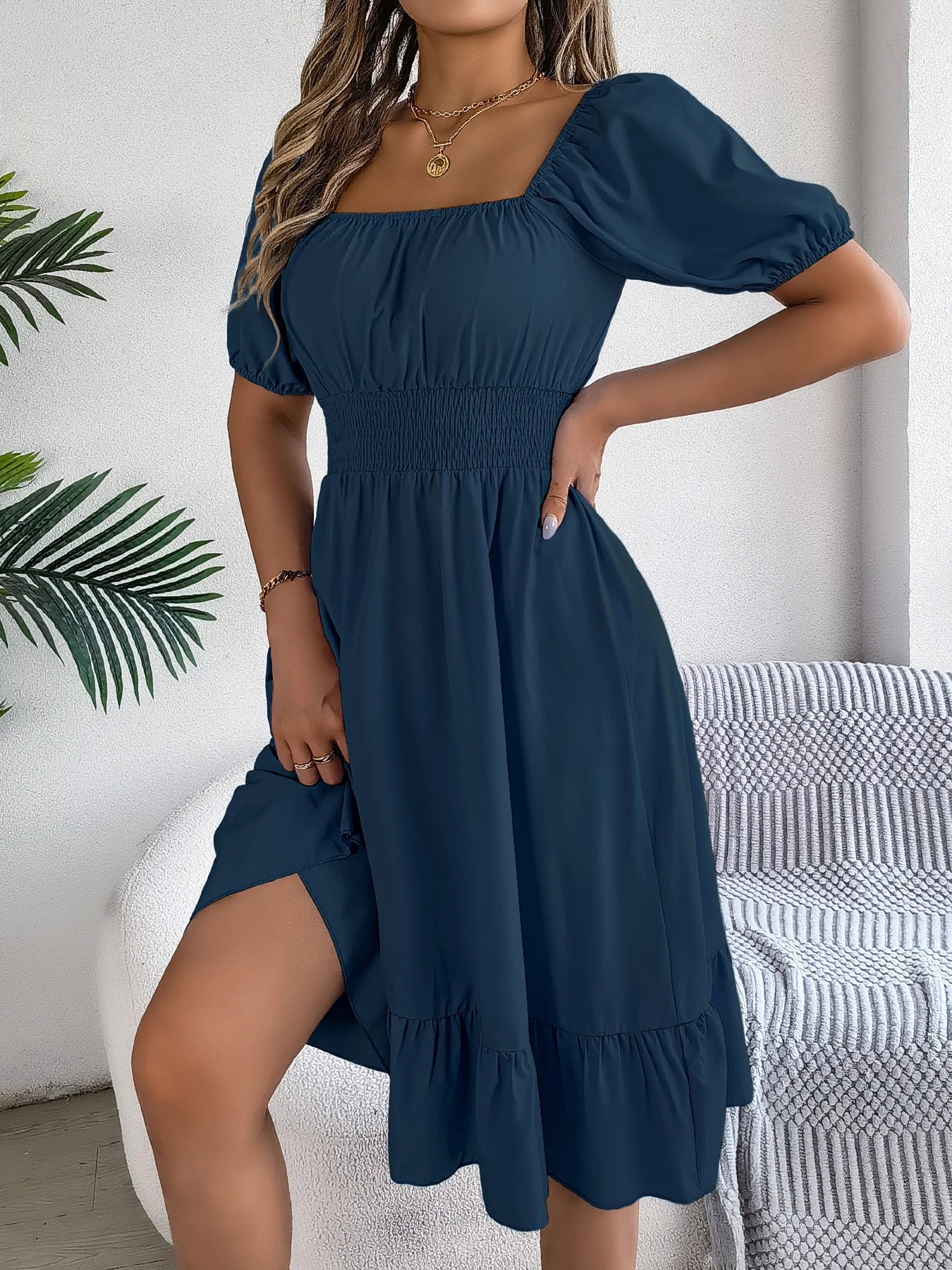 2026 Women’s Elegant High-Waisted Dress – Square Neck, Short Sleeve, Ruffled Edge Long Dress | Spring Summer Valentine’s Day