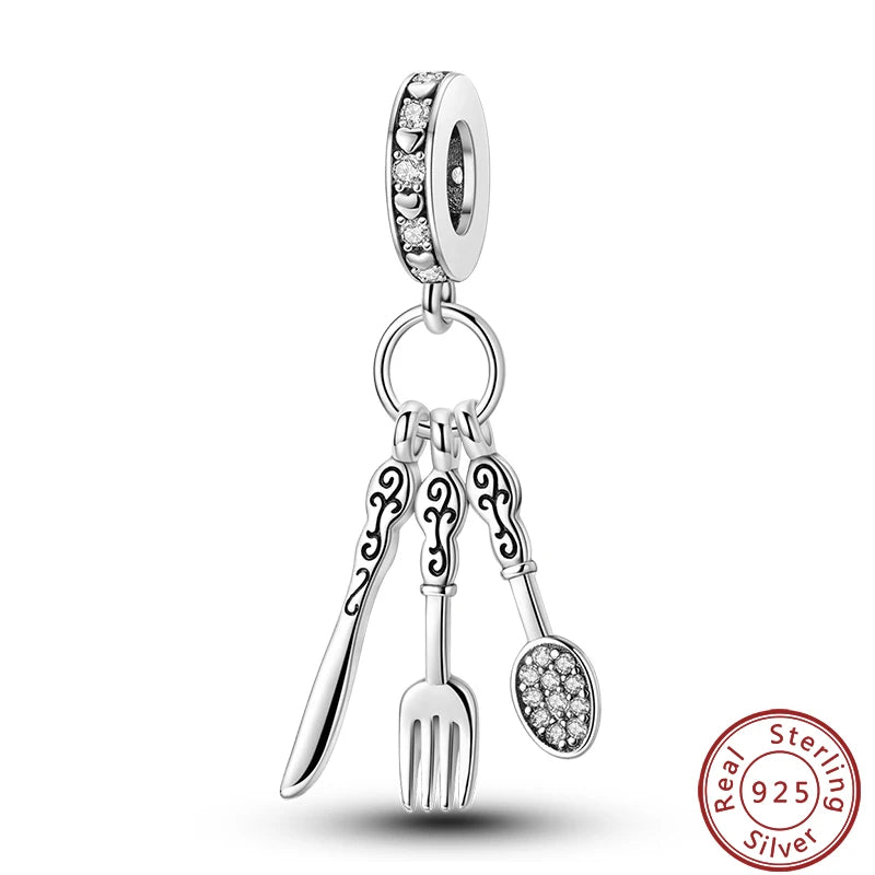 925 Sterling Silver Dessert Afternoon Tea Charm – Coffee, Cake, Pizza & Fries Beads Fit Original Pandora Bracelet DIY Jewelry