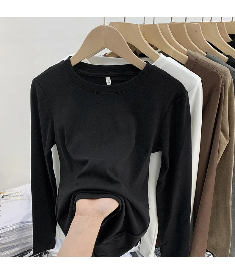 Women’s Winter Thickened Fleece-Lined Round Neck Long Sleeve Base Shirt | Slim Fit Solid Color Thermal Inner Wear Top