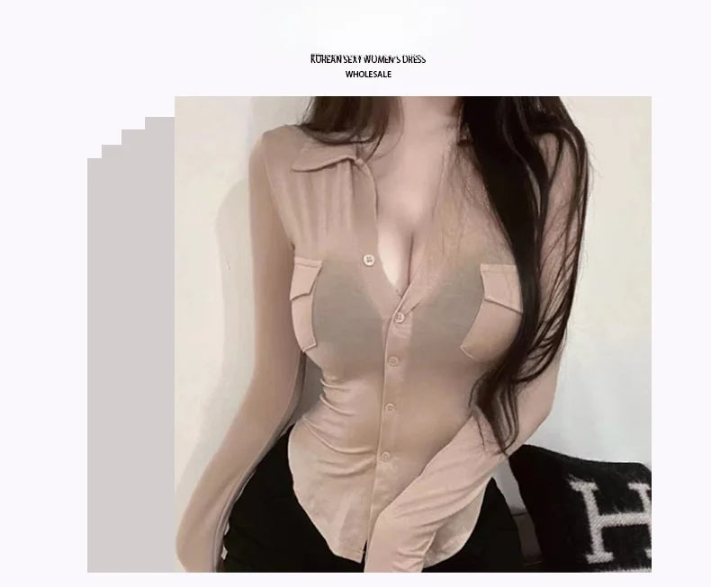 Sexy Button-Up Slim Fit Blouse – Women’s Early Autumn Korean Style Double Pocket Swing Top