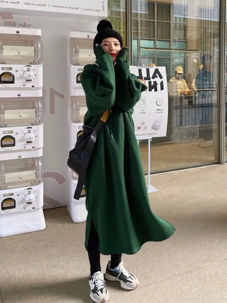 🔥 Plus Size Fleece-Lined Hooded Long Dress for Women 👗❄️ Thick Warm Winter Casual Slimming Korean Style Hoodie Dress ❤️