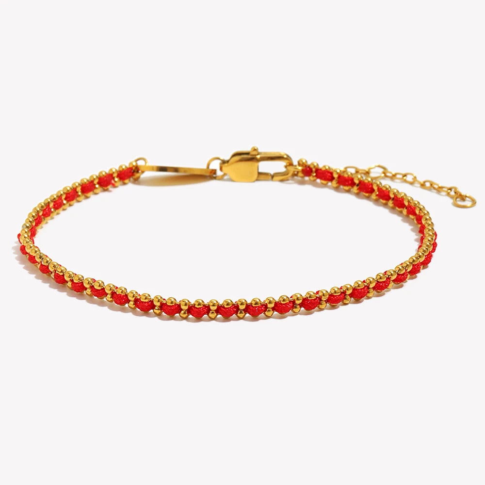 E.B.belle Lucky Red Rope Bracelet | 18K Gold Plated Stainless Steel Round Beads Unisex Fashion Jewelry Gift