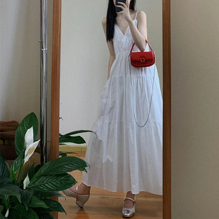 Women’s White V-Neck Backless Strap Dress – Summer Fairy Beach Vacation Long Skirt, Elegant Loose Waist Gown