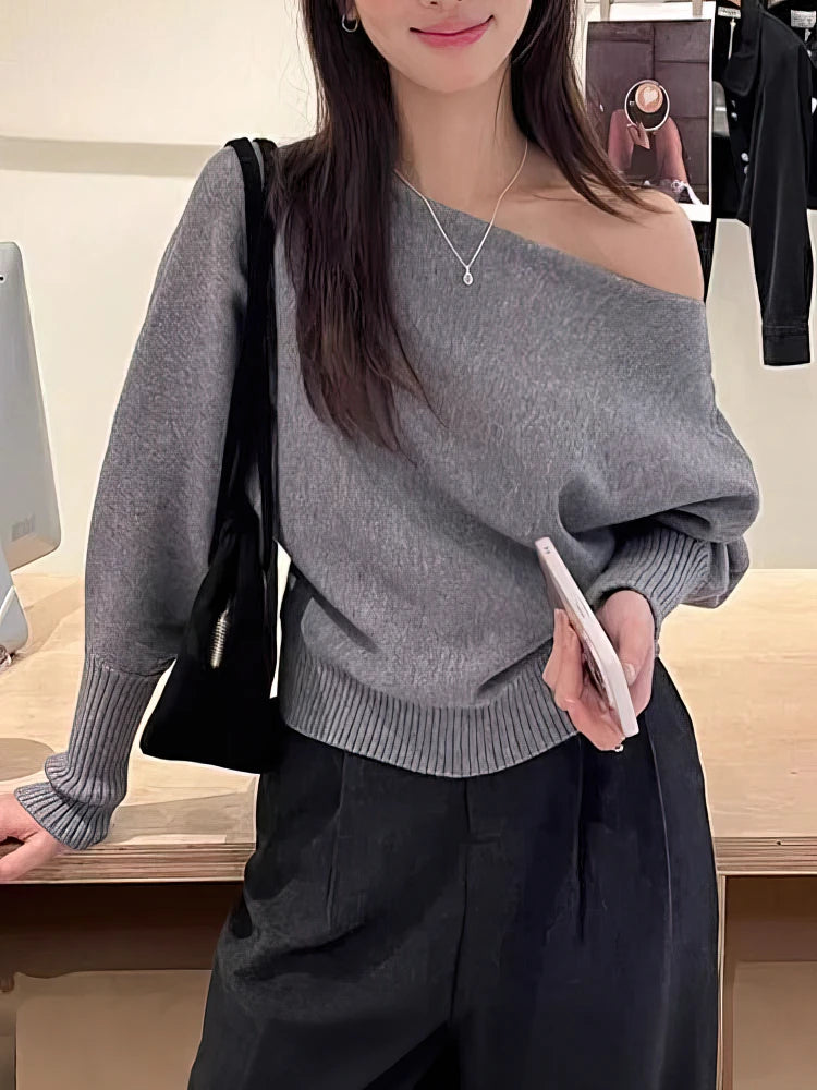 Batwing Long Sleeve Knitted Pullover for Women – Thick Off-Shoulder Korean Fashion Sweater