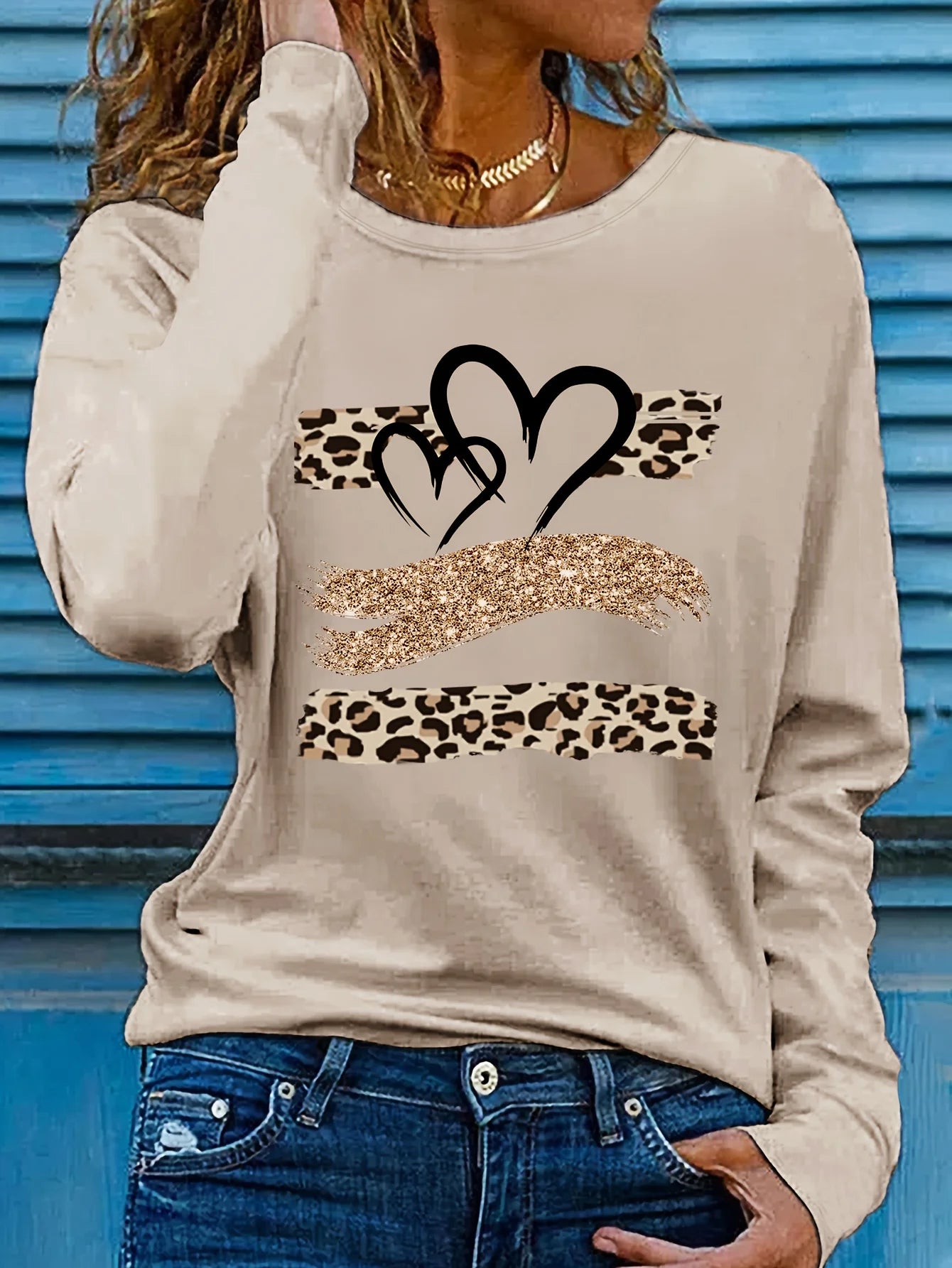 Women’s Spring Autumn 100% Cotton Long Sleeve T-Shirt – Casual Loose Round Neck with Leopard & Heart Print