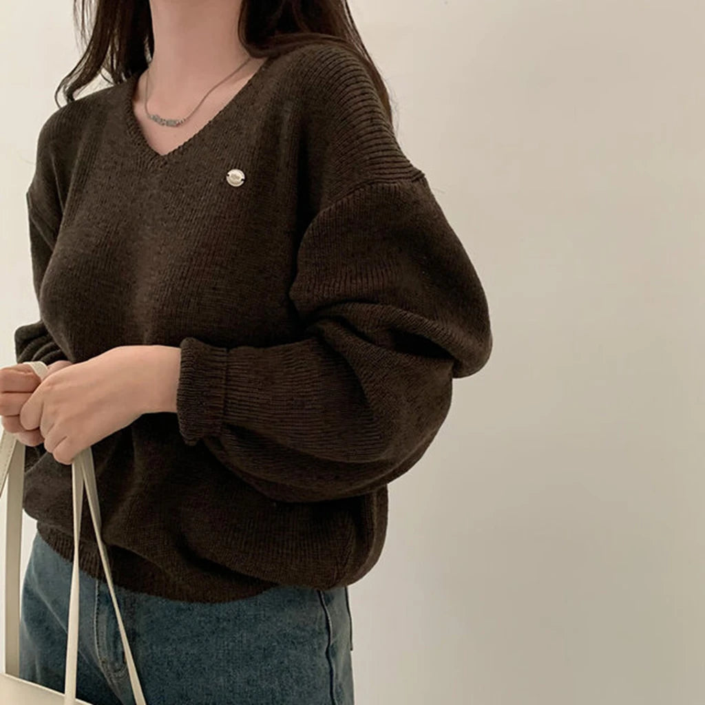 Loose Women’s Knitwear V-Neck Long Sleeve T-Shirt – Casual Comfortable Fashionable Autumn Top New Arrival