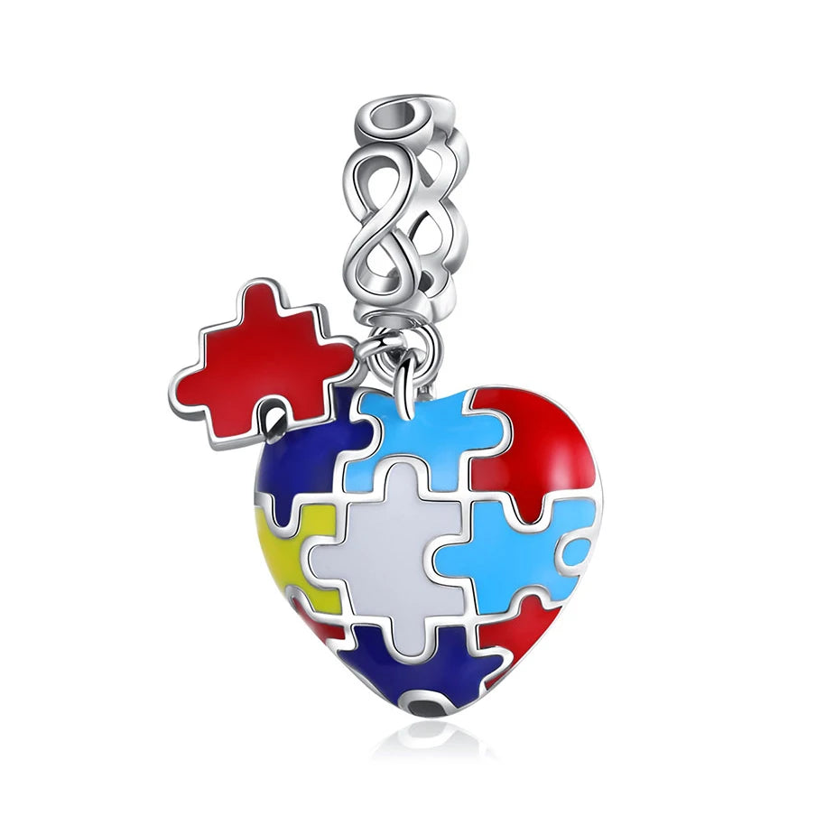925 Sterling Silver Colorful Puzzle Heart Charm | Dangle Bead Fits Pandora Bracelet & Necklace – DIY Jewelry Making