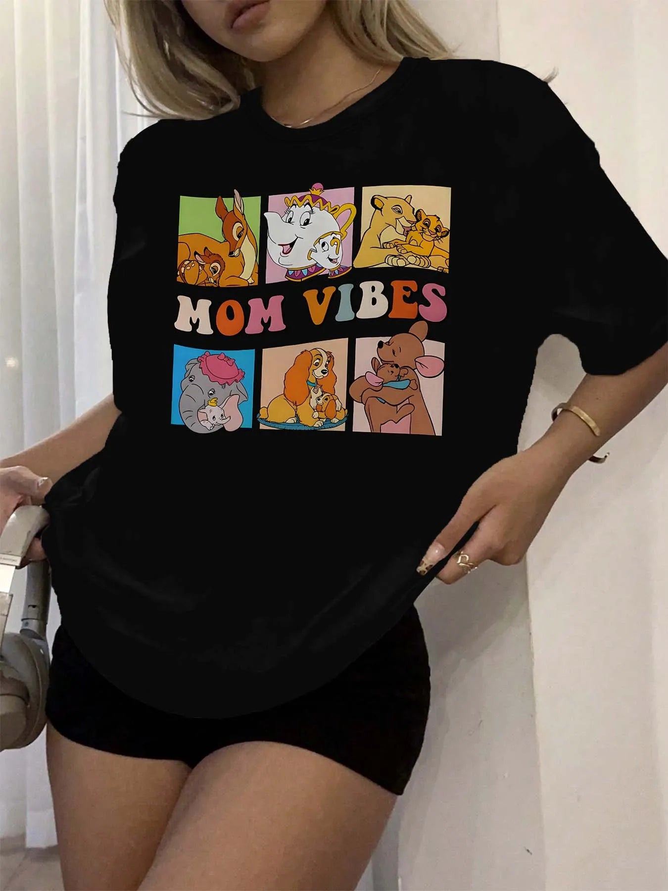 Plus Size Mom Vibes T-Shirt 🌸 Cartoon Graphic Casual Tee Women ✨