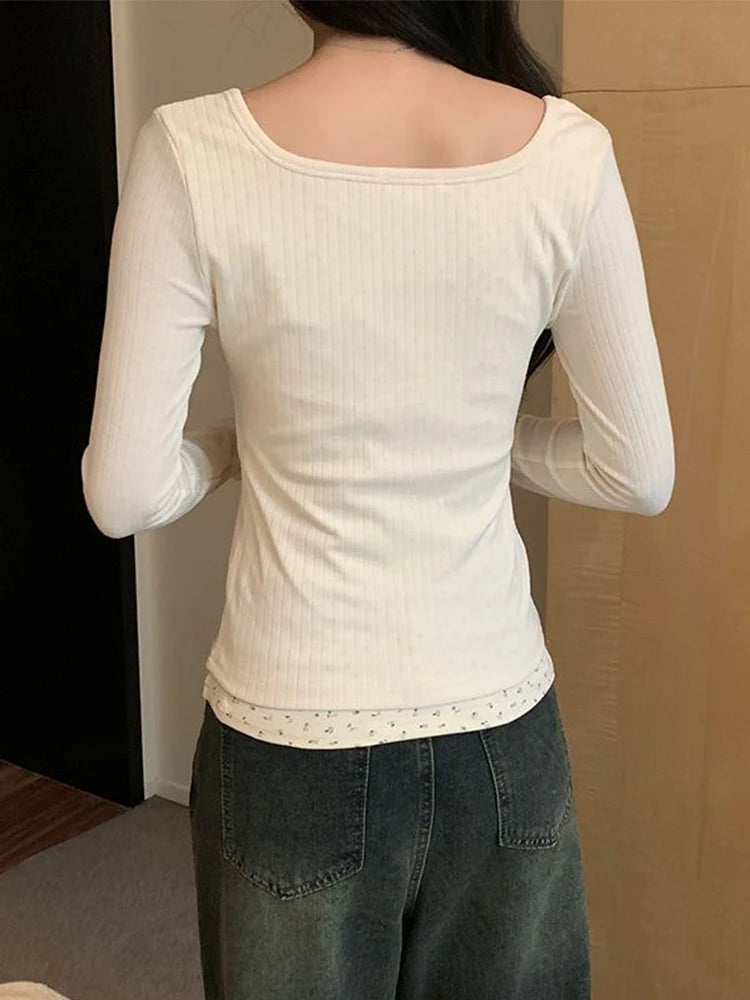 2025 Women’s Floral Patchwork Long Sleeve T-Shirt | False Two-Piece Lace Slimming Top | Korean Fashion