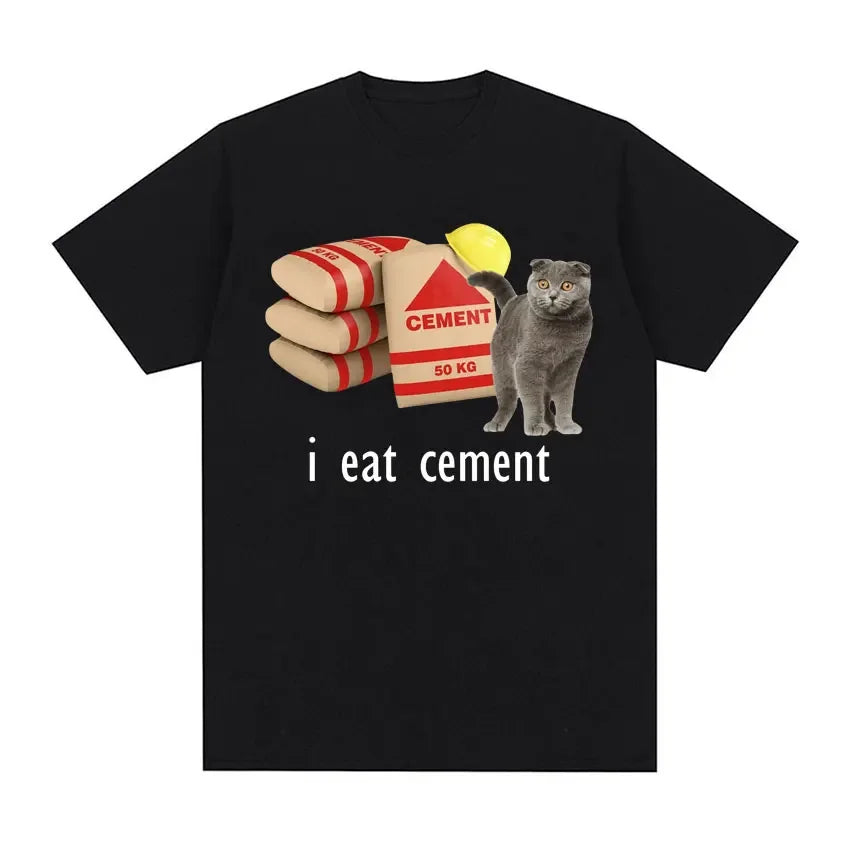 “I Eat Cement” Cursed Cat T-Shirt | Funny Meme Women’s Short Sleeve Casual Top