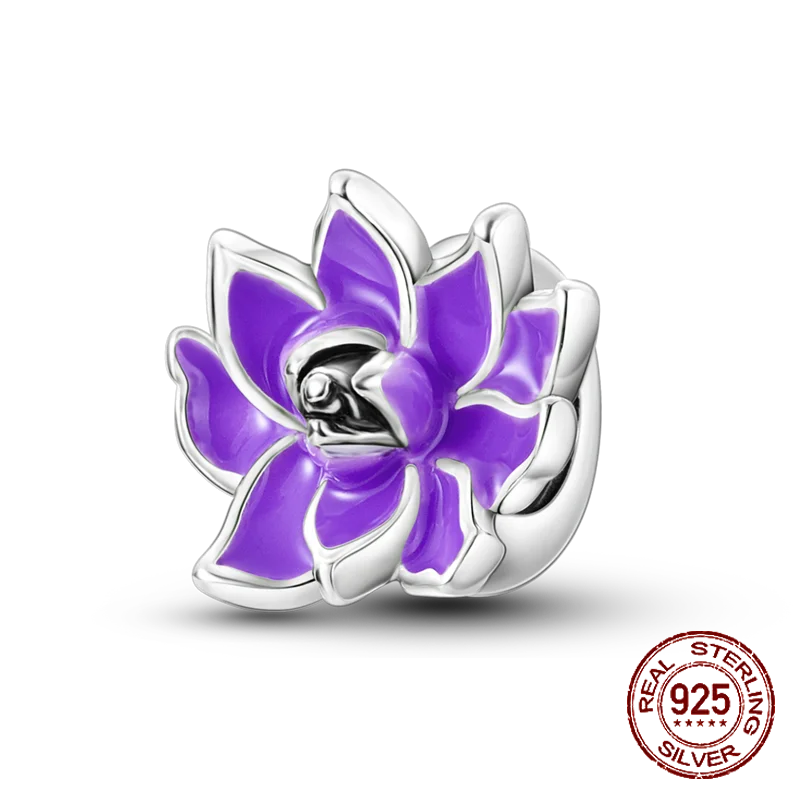 925 Sterling Silver Purple Flower & Butterfly Dangle Charm | Bead for 4MM Bracelet or Necklace DIY Jewelry Gift