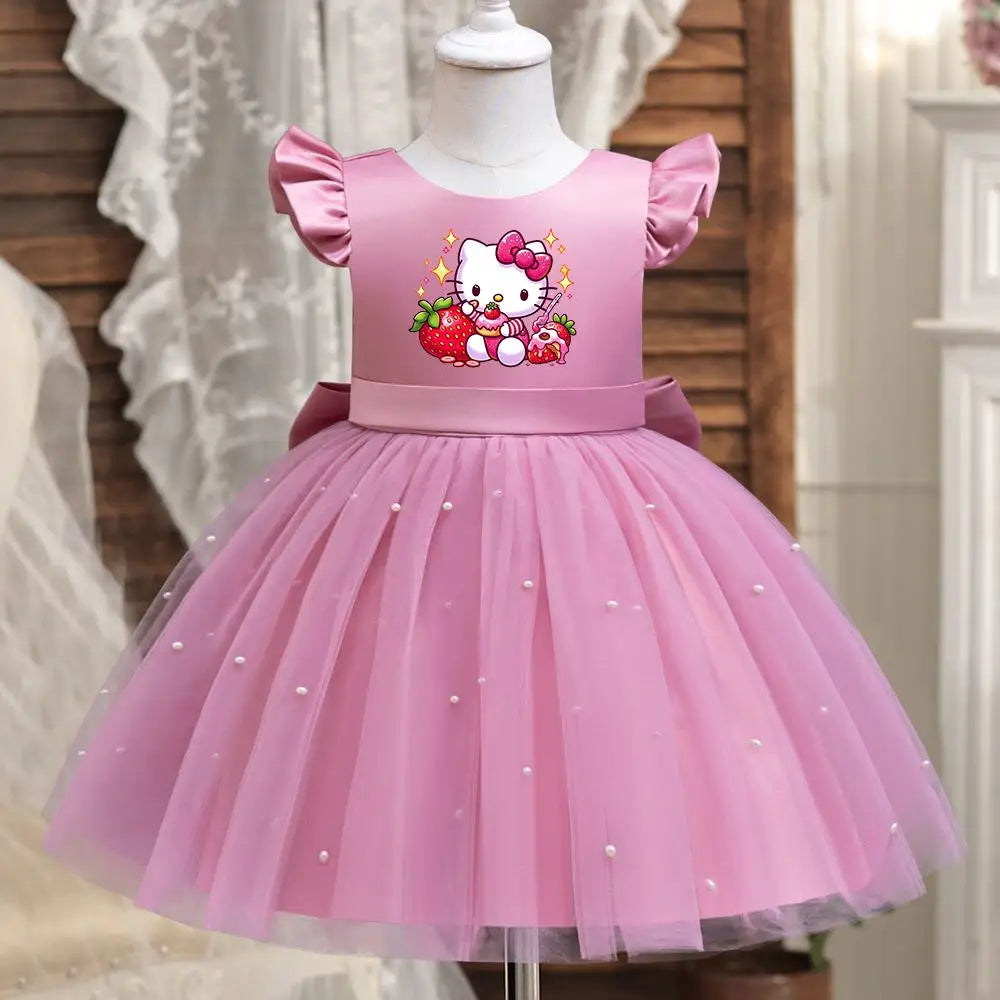Hello Kitty Girls Pearls Dress – Elegant Princess Wedding Gown, Tulle Birthday Party Dress for Children 3-7Y