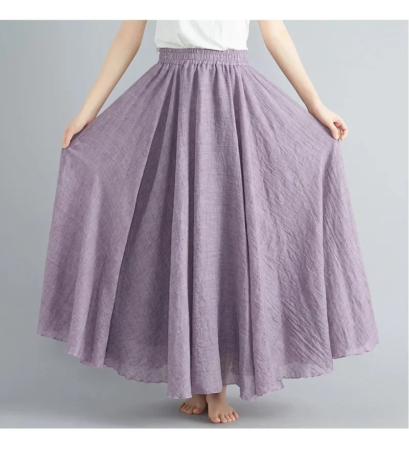 Fashion Solid Cotton Linen Women Maxi Skirt – Elegant Harajuku Casual Loose Long Skirt 👗✨