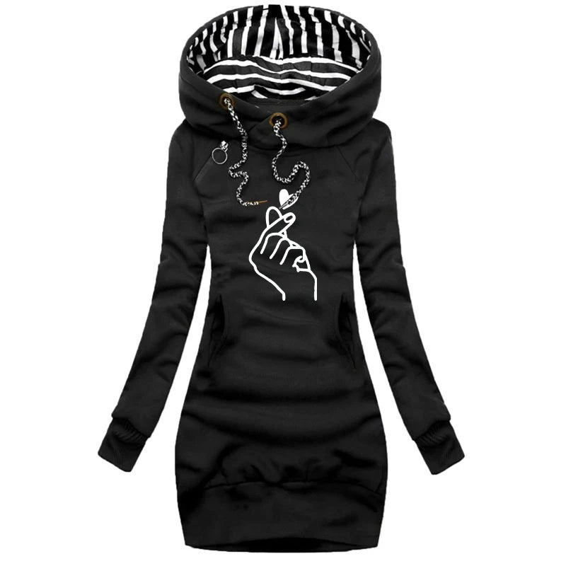 Trending Printed Autumn Winter Women’s Slim Fit Hoodie Dress – Long Sleeve Sweater Hoodie Dress for Casual Fashion