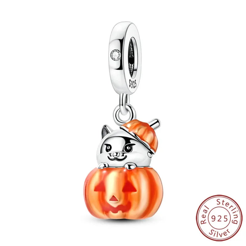 Halloween 925 Sterling Silver Luminous Pumpkin Witch Charm | Skeleton, Mummy & Candy Bead for DIY Bracelet Jewelry Gift