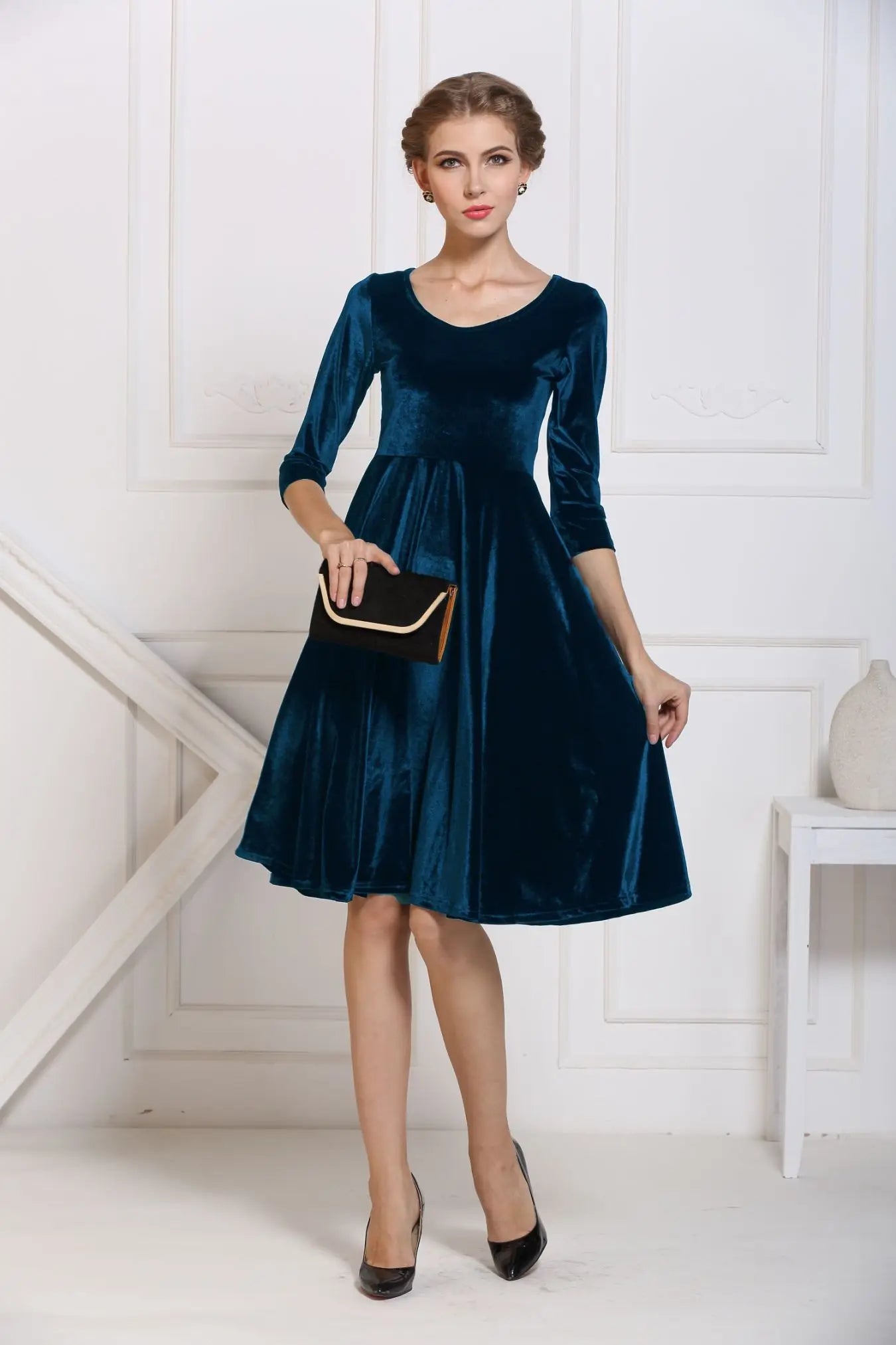 2025 Autumn Winter Navy Velvet Midi Dress – Three-Quarter Sleeve Elegant Evening & Bridesmaid Dress