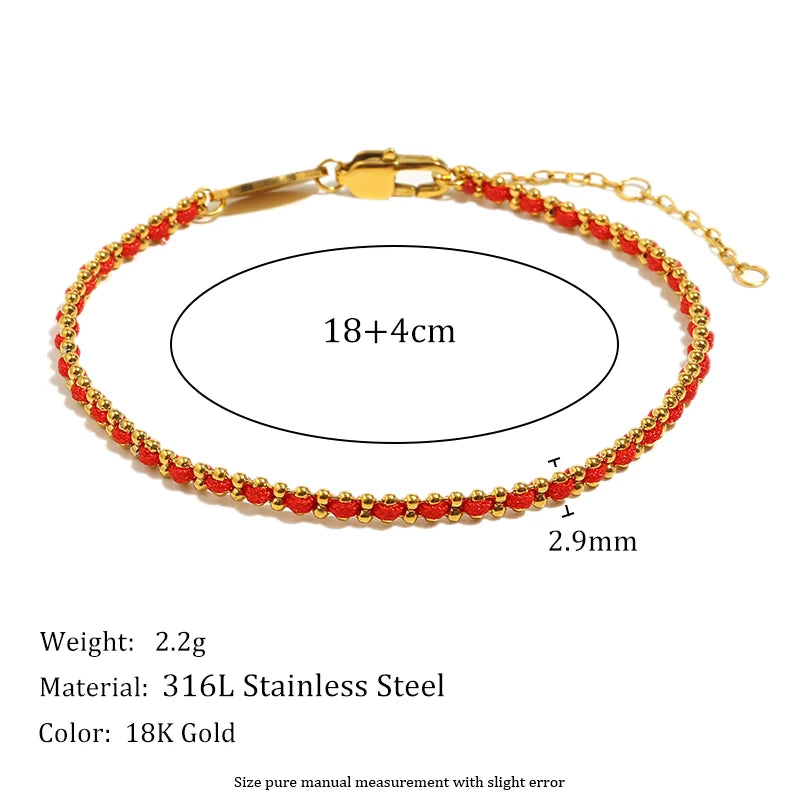 E.B.belle Lucky Red Rope Bracelet | 18K Gold Plated Stainless Steel Round Beads Unisex Fashion Jewelry Gift
