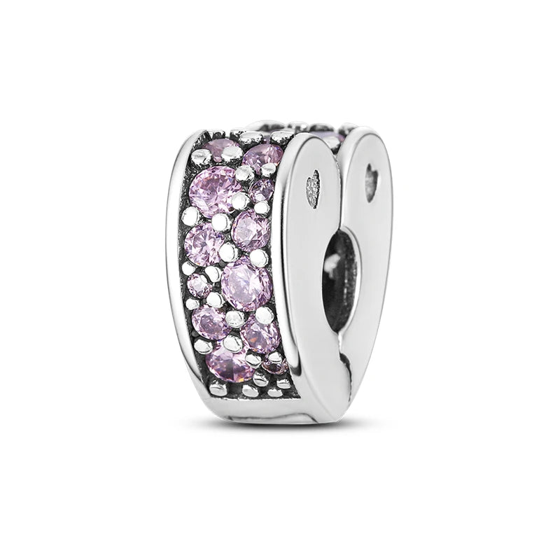 925 Sterling Silver CZ Pave Daisy Clip Charm & Safety Chain – Fits Original Pandora Bracelet, Women’s Silver Stopper Beads Jewelry