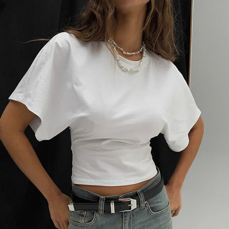 2025 Solid Gray Cropped T-Shirt for Women | Casual O-Neck Corset Top | Streetwear Short Sleeve Summer Tee