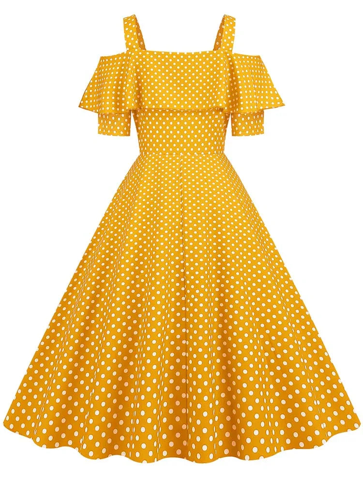 Off-Shoulder Elegant Vintage Party Dress – Women’s Summer Polka Dot Ruffles A-Line Midi Dress