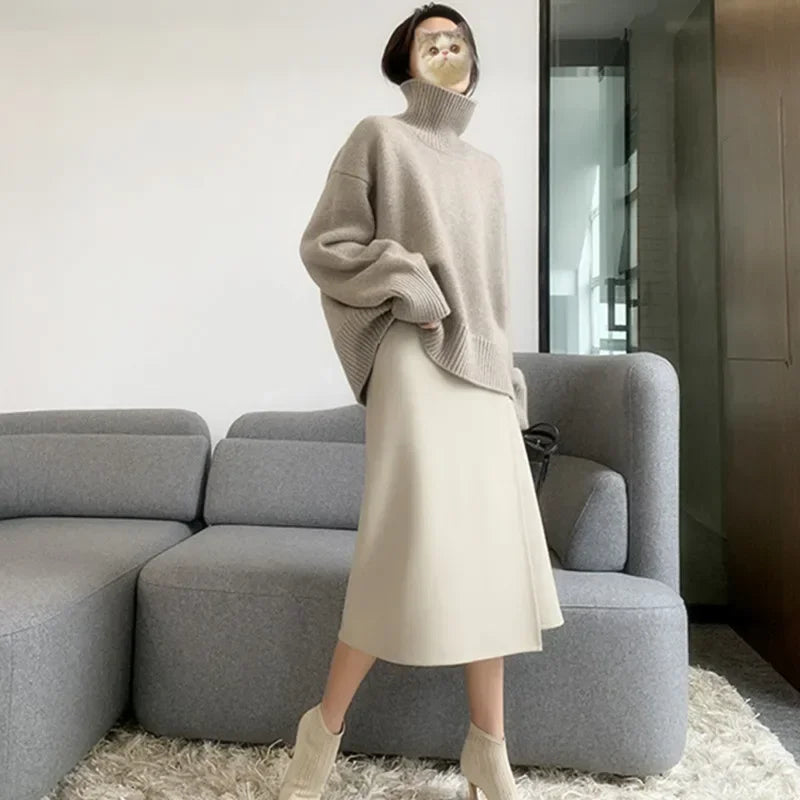 Women’s Oversize Turtleneck Sweater – Long Sleeve Knitted Pullover Autumn Winter Knitwear