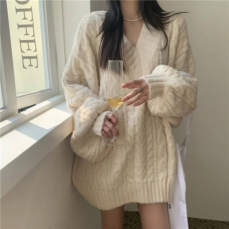 Women’s V-Neck Twisted Knit Sweater – Loose Autumn Winter Outerwear | Lazy Sleeve Soft Knitted Long Sleeve Top