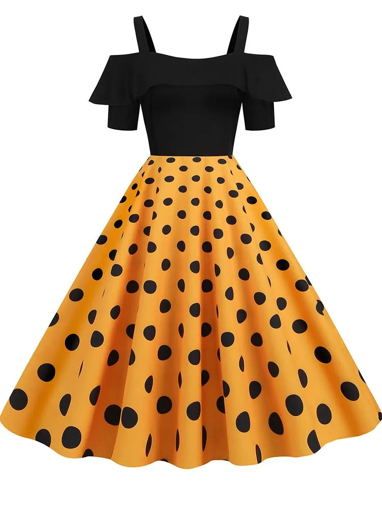 Off-Shoulder Elegant Vintage Party Dress – Women’s Summer Polka Dot Ruffles A-Line Midi Dress
