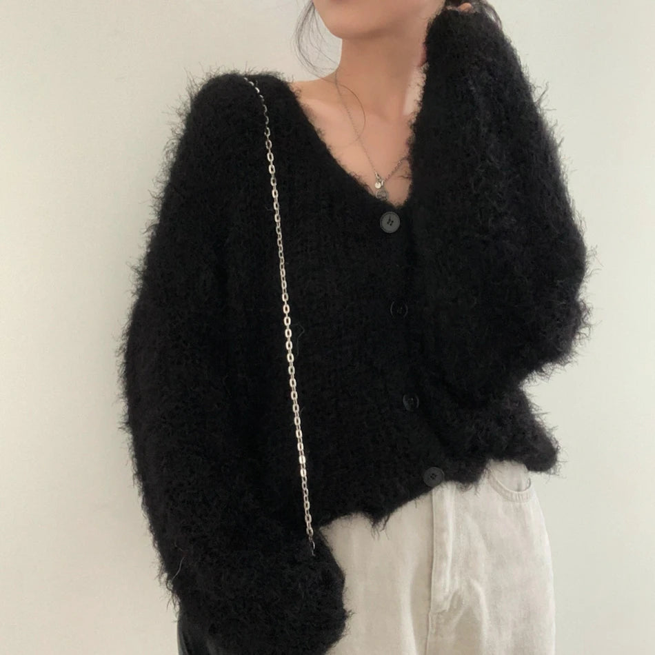 Chic V-Neck Knitted Sweater Coat for Women 🧥✨ Faux Fur Lazy Style Cardigan 💖 Autumn Winter Fashion Outerwear