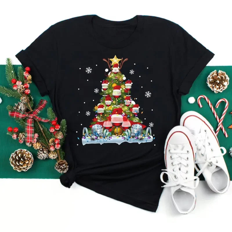 Women’s Christmas Wine Glass T-Shirt | Funny Holiday Black Tee Xmas Gift Top 2025
