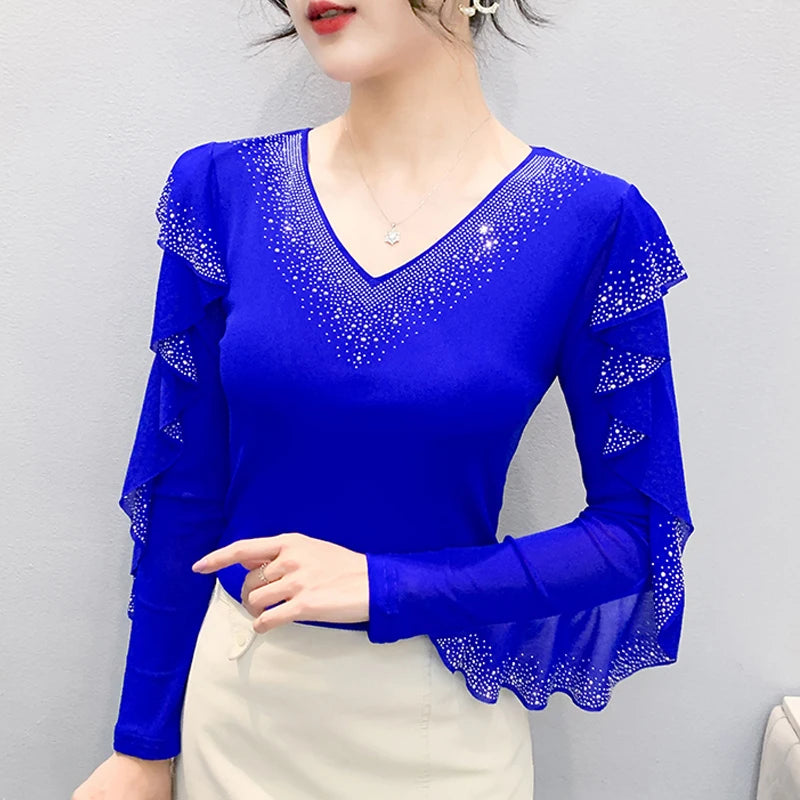 2025 Autumn Women’s Mesh Top – Korean Round Neck Ruffles & Diamond Detail Long Sleeve T-Shirt 🍂✨
