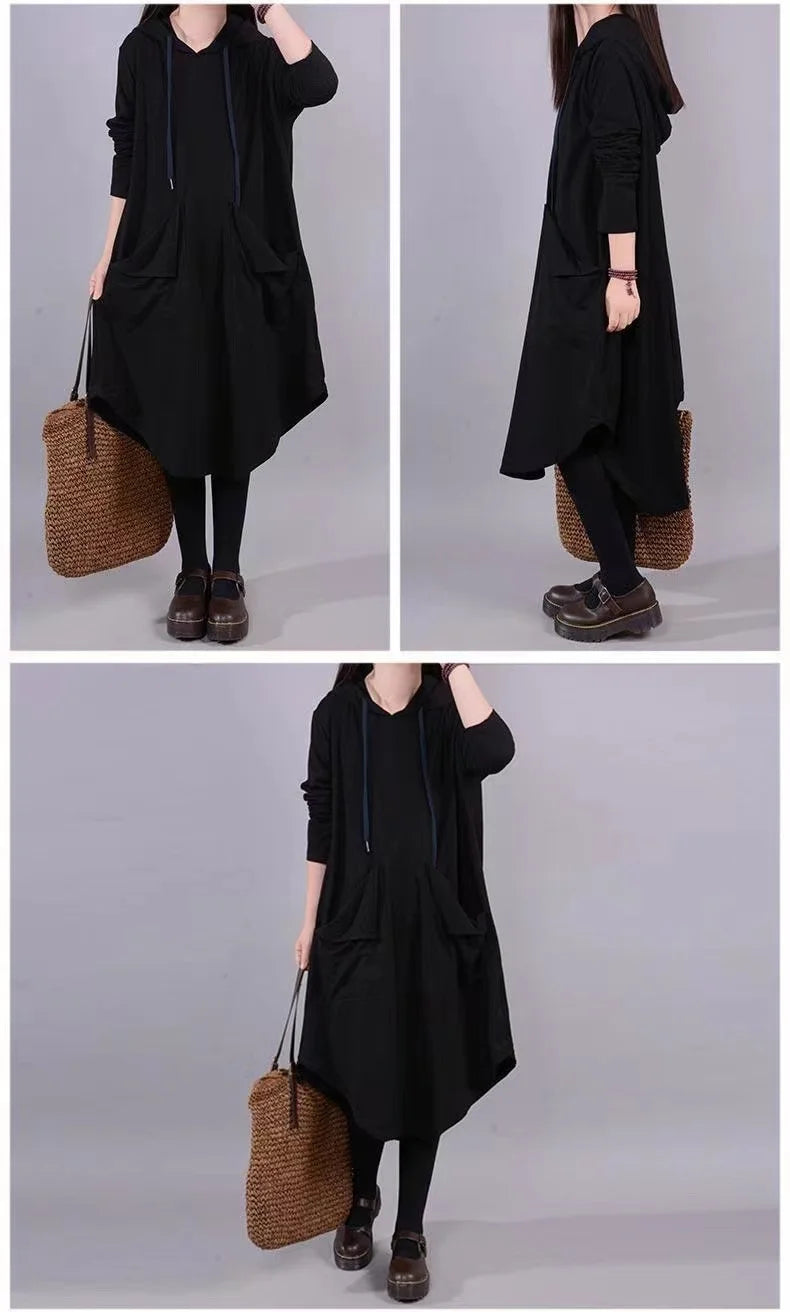 Artistic Loose Midi Dress for Plus Size Women | Autumn Hooded Long Sleeve Polyester Fiber Dress | Casual Commute Fashionable