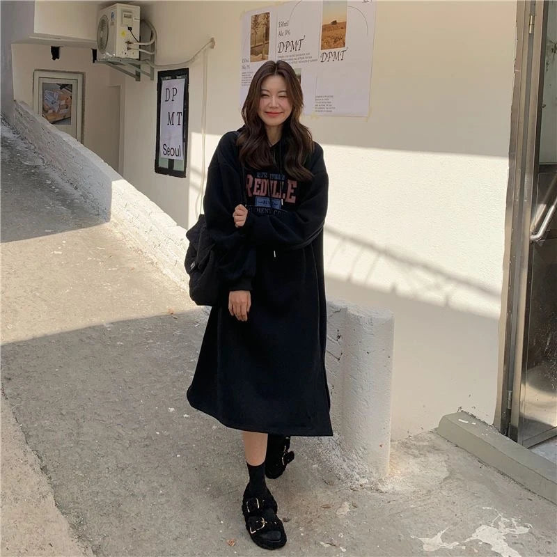 Winter Thiened Fleece Sweatshirt Dress – Printed Midi Skirt Hoodie Dress, Lazy Long Sleeve Outerwear for Young Women