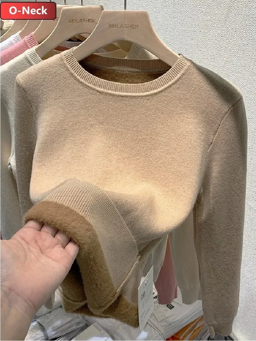 Women Winter Thicken Turtleneck Sweater – Slim Knit Plush Velvet Lined Warm Pullover Jumper