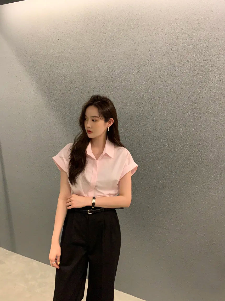 Chic Summer Loose Women’s Shirt | Classic Pure Color Professional Blouse with Small Lapel Collar