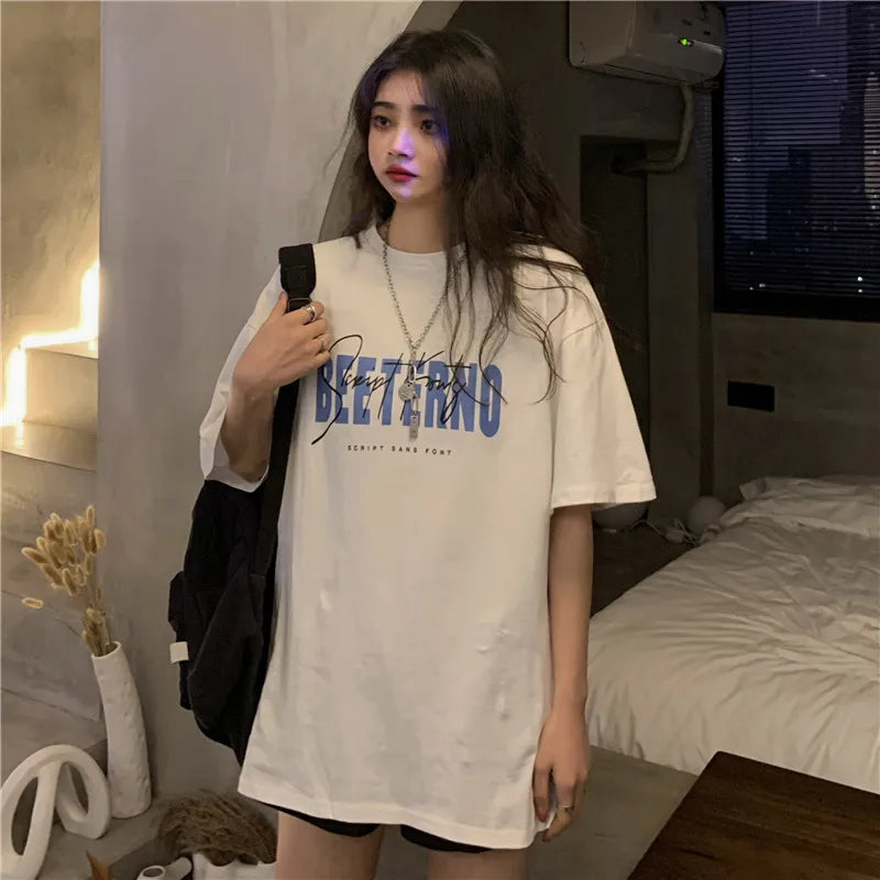 Oversized American Street Style T-Shirt for Women | Retro Loose Cotton Casual Top