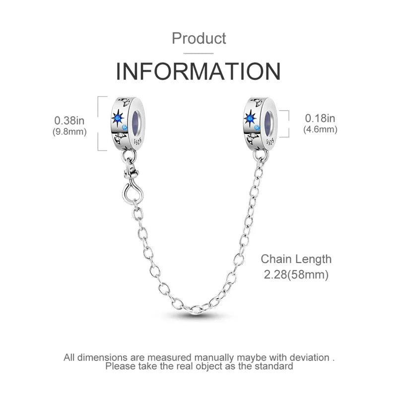 925 Sterling Silver Star Moon Safety Chain Charm | Pandora Fit Jewelry