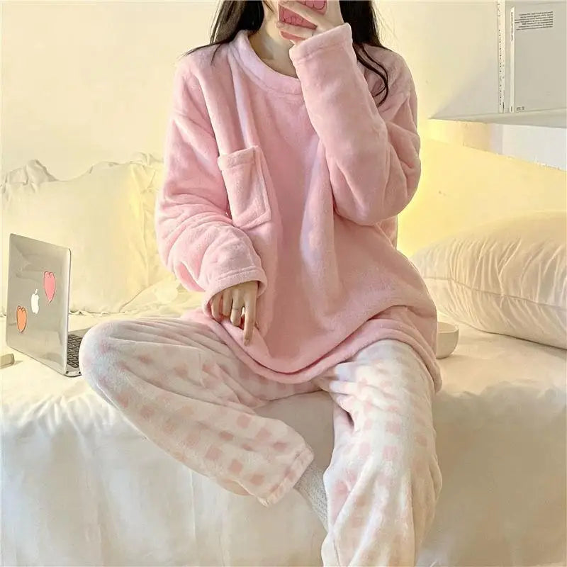 ❄️ Fleece Thick Warm Women’s Pajamas Set 🛌 Soft Winter Sleepwear | Cozy Solid Top & Plaid Pants Pijamas Home Suit ❤️