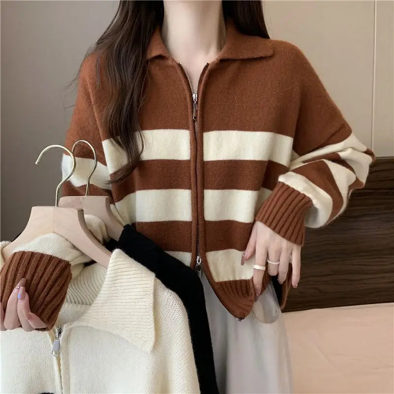 🔥 Retro American Spicy Long Sleeve Sweater for Women 🍂 Winter Loose Fit Knit Top | Unique Stripe Lazy Style Pullover ❄️