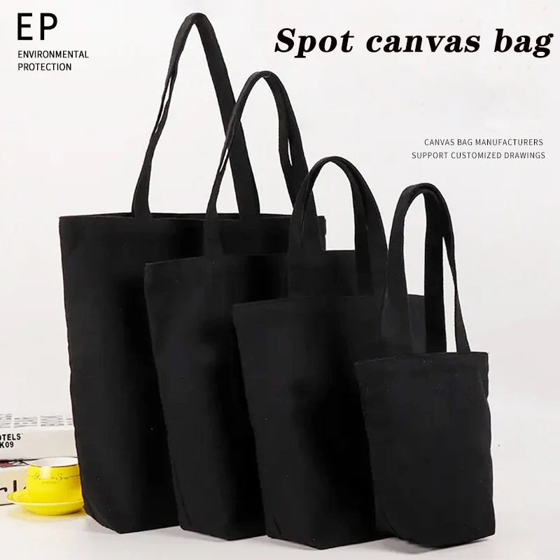 ISKYBOB Canvas Tote Bag | Black Cotton Shopping Shoulder Bag with Belt Pocket