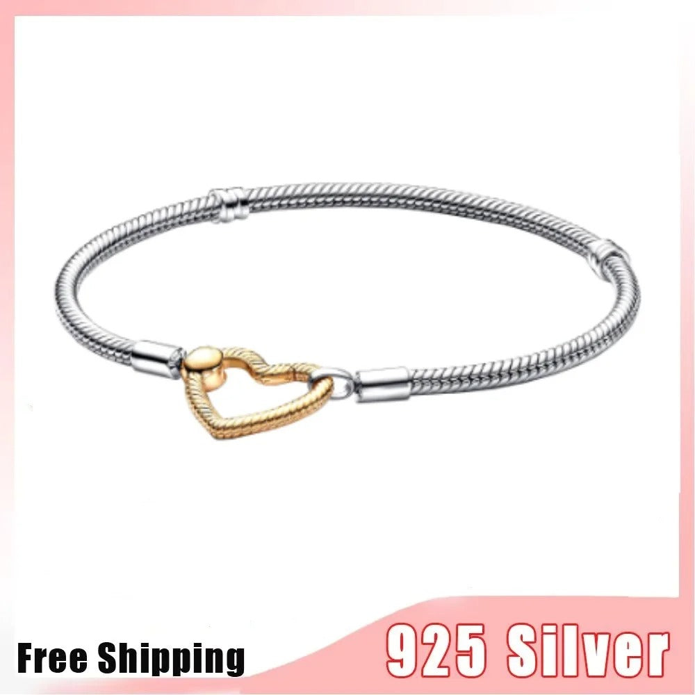 925 Sterling Silver Snake Chain Bracelet with Heart Clasp & Zircon | Fits Pandora Charms & DIY Beads for Women