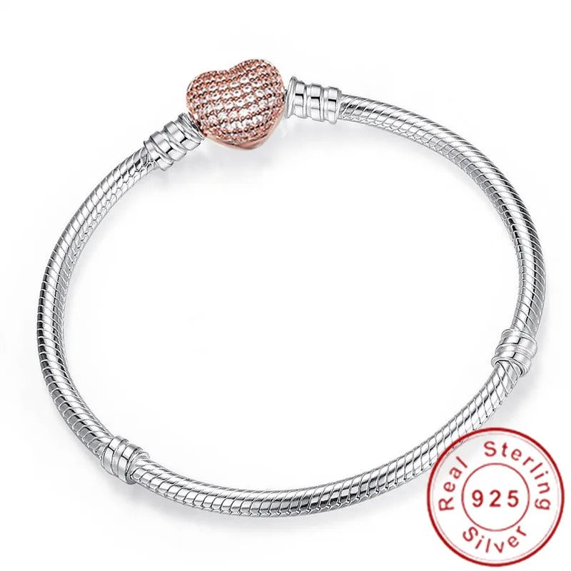 Handmade 925 Sterling Silver Charm Bracelet with Heart Clasp – Smooth Bangle for Women & Men, DIY Jewelry 16–23cm
