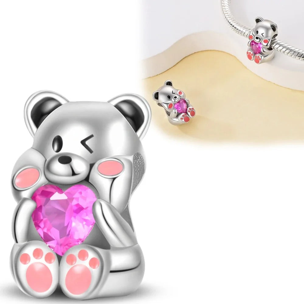 925 Sterling Silver Pink Cat & Duck Cartoon Charm Bead – Cute DIY Jewelry Fits Original Pandora Bracelets for Women
