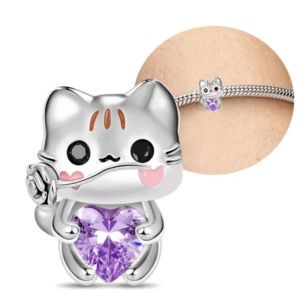 925 Sterling Silver Pink Cat & Duck Cartoon Charm Bead – Cute DIY Jewelry Fits Original Pandora Bracelets for Women