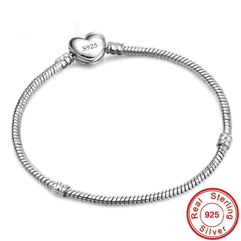 Handmade 925 Sterling Silver Charm Bracelet with Heart Clasp – Smooth Bangle for Women & Men, DIY Jewelry 16–23cm