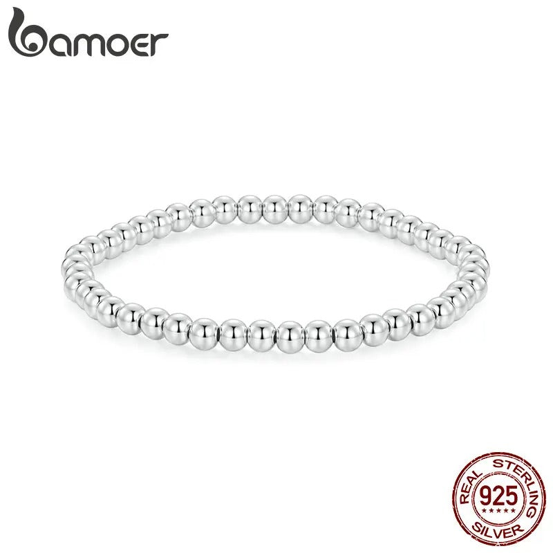 Bamoer 925 Sterling Silver Bead Ball Bracelet – Stretchable Elastic White Gold Plated Stackable Bracelet for Women BSB175